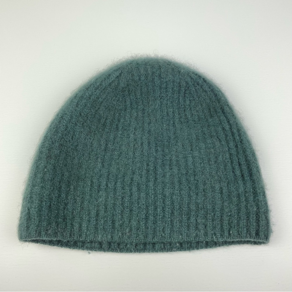 H&M Women's OS 100% Cashmere Ribbed Knit Beanie Hat Fold Over Emerald Green Blue - Picture 8 of 8